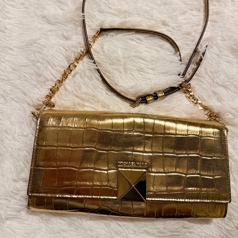 Michael Kors Metallic Gold Croc-Embossed Crossbody Bag